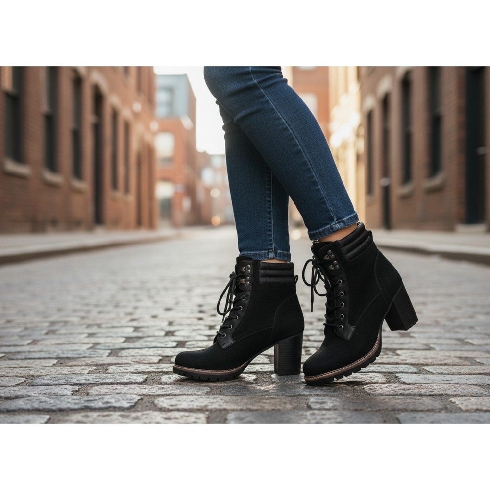 Black‎ Faux Suede Lace Up Block Heel Ankle Boots Size 11 Lug Sole Booties